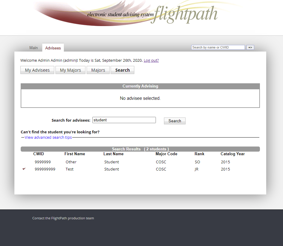 FlightPath - search by advisee name, major code, and more